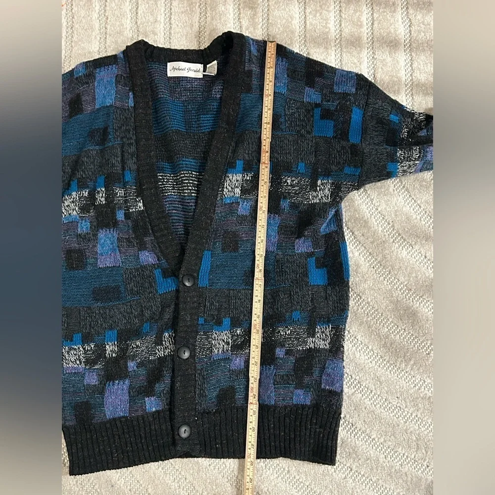 Vintage Block Pattern Grandpa Sweater Buttoned Cardigan - L